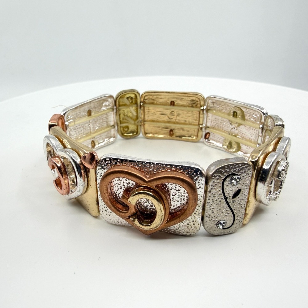 Tri-Tone Heart Link Stretch Bracelet Silver & Gold Tone Rose  Statement Jewelry